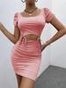 2023 Transfronterizo Europa y América Amazon Comercio Exterior Vestido Azul Vestido Corto Ajustado de Vaina de Manga Corta para Mujer