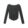 Camiseta Base de Manga Larga de Botón Único con Costuras Estilo Europeo y Americano, Línea Inversa, Cuello en U Grande de Corte Bajo que Expone la Clavícula, Top Estilo Spice Girl