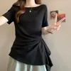 2026 Feminino Plus Size Verão Novo Cintura Marcada com Pregas Barra Irregular Ombro Normal Manga Curta Pulôver Camiseta