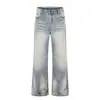 K5652 Jeans Casuales Unisex Estilo Americano High Street Vintage Ligeramente Acampanados con Lavado Completo Ojo de Gato y Diseño de Pedrería