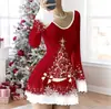 Vestido Feminino de Outono e Inverno Europeu e Americano Amazon Cross-Border Novo com Decote V, Listra Elástica nas Axilas e Mangas Sino Estampadas de Natal