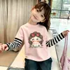 Roupa de Verão para Meninas: Camiseta Estampada Manga Longa Doce e Fofa, Top Patchwork Duas Peças de Verão para Crianças Maiores, Algodão Puro