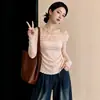 Blusa de manga larga con hombros descubiertos y ribete de encaje, estilo puro deseo, talla grande para mujer, otoño, plisada, adelgazante, con hombros descubiertos