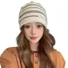 Gorro de Punto a Rayas con Borde Enrollado Estilo Coreano para Mujer, Cálido para Otoño/Invierno, Versátil, Adelgazante, Slouchy