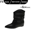 Botas femininas de bico fino em couro legítimo com franzidos no tornozelo e palmilhas internas para aumentar a altura, novidade outono 2026, com corte em V para um visual mais esguio, para garotas estilosas
