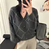 Cardigan de Lã com Padrão de Diamante Feminino 2026 Outono/Inverno Novo Estilo Solto Preguiçoso Peça de Tricô Jaqueta Top