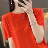 Camiseta de cuello redondo de punto de color puro suelto con encaje fino para mujer con camisa de manga corta de seda helada de verano