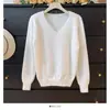 Suéter de Punto Coreano de Color Puro con Cuello en V y Mangas Largas Otoño e Invierno Felpa Suave Cera Reductor de Edad Holgado Top de Punto para Mujer