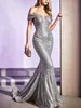 2026 Transfronteiriço Novo Lantejou Elegante para o Dia a Dia Cor Sólida Cintura Média Ombro a Ombro Elegante Cor Sólida Longo Vestido de Festa Vestido de Noite
