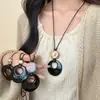 Colar Pingente Anel Longo de Vidro Preto para Mulheres, Estilo Chinês Novo Vintage, Acessório de Alto Padrão, Corrente para Suéter de Luxo Leve