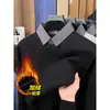 Suéter grosso com forro de fleece para outono e inverno, gola de camisa, camisa base de tricô quente para homens de meia-idade, contém lã de ovelha