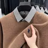Camiseta de Base de Punto para Otoño e Invierno, Suéter para Hombre con Cuello de Camisa, Top Falso de Dos Piezas, Moda de Invierno para Hombre, Manga Larga Cálida