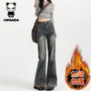 Jeans Acampanados de Cintura Alta para Mujer, Versátiles de Moda, Nuevos de Otoño e Invierno, Forrados de Polar, Versátiles, de Pierna Ancha, Largo hasta el Suelo