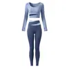 Conjunto Fitness Yoga Blusa Manga Longa Gola U Cintura Cruzada Color Block Stretch Skinny Roupas de Treino Pilates