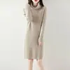 Nuevo vestido de punto para mujer, 100% lana, vestido suéter ajustado, falda larga a rayas, hasta la rodilla, cuello alto, vestido base para mujer