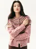 Cárdigan de Cachemira Tejido Jacquard Estilo Retro Amber Glow para Mujer, Abrigo Suéter de Hilo Retorcido Holgado