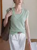 Top de punto hueco de manga corta con cuello en V de estilo simple para mujer, verano, adelgazante, fino, diseño verde, top de dos piezas falso