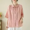 Delgada, fresca, algodón y lino, casual, estilo simple, top de camisa de manga corta, novedad de verano, cuello polo, cárdigan holgado, mujer