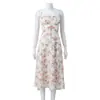 Roupas Femininas Estilo Europeu e Americano, Vestido de Suspensório com Estampa Floral Francesa, Cintura com Laço de Espinha de Peixe, Vestido com Fenda, Elegante e Gracioso