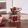 Taza de Café y Platillo de Cerámica Roja Rosa Retro Francés, Juego en Caja de Color, Taza para Latte de Té de la Tarde, Taza y Platillo de Cerámica Floral