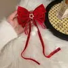 Grampo de cabelo vermelho festivo de Ano Novo com laço grande, acessórios de cabelo, bola de cabelo, franja, adorno de cabeça, clipe superior, grampo de outono e inverno, acessórios de cabelo para noiva
