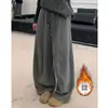 Calça Feminina Espessa Estilo Preguiçoso com Forro de Fleece Lançamento Inverno 2025 Casual Cintura Alta Emagrecimento Caimento Solto Calça de Moletom Esportiva
