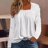 Tops de Camiseta Solta de Manga Longa Jacquard Plissada de Cor Pura com Gola Quadrada Popular da Amazon para Exportação Transfronteiriça Europeia e Americana Outono e Inverno para Mulheres