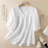 Camisa de Jacquard de Algodón Artística Retro para Mujer, Nuevo Estilo de Principios de Otoño, Top Blanco con Encaje y Cuello en V, Mangas de Linterna