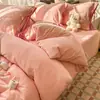 Estilo Coreano Femenino Rosa Cereza Encaje con Cordones Lazo Algodón Puro Juego de Cuatro Piezas Temporada de Regreso a Clases Juego de Tres Piezas para Sábana de Cama de Dormitorio y Funda de Edredón