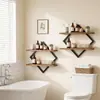 Estantería de pared de hierro forjado con forma de diamante y madera maciza, estante de pared de doble capa, decoración de pared de fondo para sala de estar, estante de exhibición y estante de almacenamiento