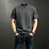 Camiseta Versátil de Manga Corta Gris Oscuro de Moda para Hombre, Estilo Nacional Cuello Redondo Holgada Casual, Camiseta de Manga Corta para Hombre