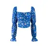 Camisa Corta Floral Retro Estilo Palacio Francés Cuello Cuadrado de Atar Mangas Abullonadas para Vacaciones Primavera Ajustada Top de Cintura Alta