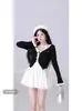 Vestido de Encaje Francés Puro de Talla Grande con Cuello Halter para Mujer en Otoño e Invierno Ligeramente Gordita Dulce Conjunto de Dos Piezas con Cárdigan de Manga Larga
