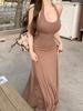 Vestido Marrom Decotado nas Costas com Gola Halter para Mulheres Verão Novo Estilo Saia Afinando a Cintura Elegante Afinando Casual Justo no Quadril Saia Longa