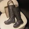 Botas largas estilo francés, botas de moda de piel sintética, otoño talla grande con hebilla de cinturón, botas de moda para mujer 2026, versátiles de tacón bajo, nuevo estilo, a la moda