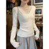 Top base de punto elegante para mujer, estilo francés, puro deseo, cuello en V, corte ajustado, para primavera y otoño, capa interior con ribete de encaje único