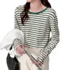 2026 Nueva Camiseta de Manga Larga de Algodón Puro Holgada de Talla Grande Estilo Coreano Rayas para Mujer Camisa Base Redonda
