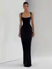 Estilo Europeo y Americano para Mujer, Casual, Manga Larga, Corte Ajustado, Espiga, Puro Deseo, Tirantes Finos, Vestido Largo, Ajustado, Color Sólido, Bodycon