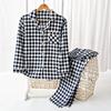 Pijama de Pareja para Hombre y Mujer, Algodón Puro, Primavera y Otoño, Manga Larga, Pantalón Largo, Cuello Solapa, Cuadros, Estilo Japonés, Conjunto de Ropa de Casa Estilo Muji