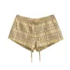 5003-226 Pantalones Cortos Caseros Estilo Verano, Pantalones Casuales, Shorts de Cuadros Amarillos con Cintura Elástica