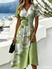 2026 Nuevo Vestido Midi Floral Transfronterizo 3D Retro Tie-Dye de Manga Corta con Cuello en V Adelgazante de Dobladillo Ancho