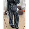 Pijama Listrado Cinza Manga Longa Estilo Coreano para Mulheres, Novo Estilo Outono 2026, Conjunto Simples Solto Casual para Casa Duas Peças