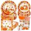 Artículos de Mesa para Fiesta Temática de Acción de Gracias de Otoño Calabaza Baya Hoja de Arce Platos de Papel Vasos de Papel Servilletas de Papel Set de Cena de Cosecha