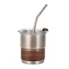 Copo de Camping ao Ar Livre para Café, Chá com Leite, Cerveja e Bebidas, Espessado em Aço Inoxidável 304 com Suporte de Madeira e Canudo, Copo de Chá