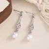 Brincos de Prata com Diamantes Cintilantes Vazados e Pérolas de Imitação Estilo Francês para Mulheres, Estilo Palácio Vintage, Luxo Leve, Elegantes, High-End