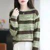 Outono/Inverno 2026 Novo Veludo de Arroz Glutinoso Gola Redonda Tricô Manga Longa Feminino Vazado Listras Color Block Camisa Básica Solta