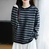Estilo Novo Primavera 2026 Algodão Puro Estilo Preguiçoso Gola Redonda Tricô Manga Longa Color Block Listrado Solto Base Top para Mulheres