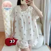 Pijama de Algodón Nube para Mujer, Verano, con Almohadillas Integradas en el Sujetador, Encaje, Mangas Cortas, Shorts, Estilo Dulce de Princesa, Delgado, Conjunto para Casa
