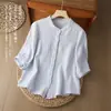 Nova Camisa de Gaze de Algodão Puro de Camada Dupla para o Verão Cardigã Artístico Ligeiramente Maduro Manga Curta Top Solto de Manga Média Estilo Chinês Top Pequeno