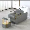 Cama de Lavado Semi-Reclinable Gris Personalizada con Lavabo de Cerámica para Salón de Peluquería, Barbería y Salón de Belleza